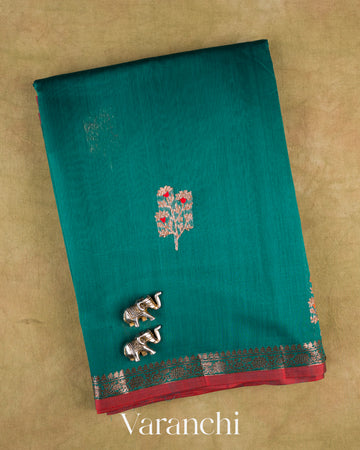 Teal Blue Pure Chanderi Silk Cotton Handloom Saree — Folded