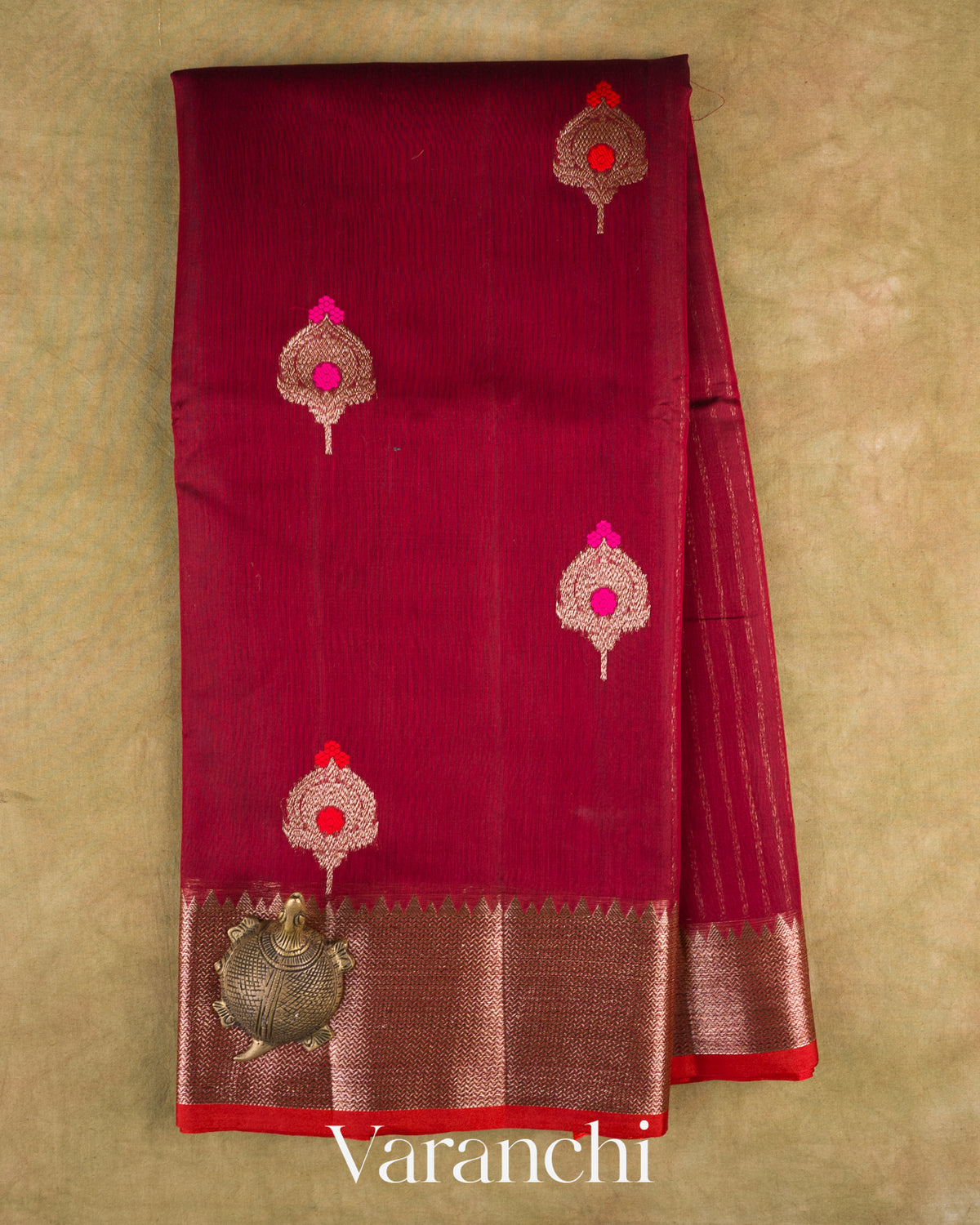 Deep Red Pure Chanderi Silk Cotton Handloom Saree — Full Saree