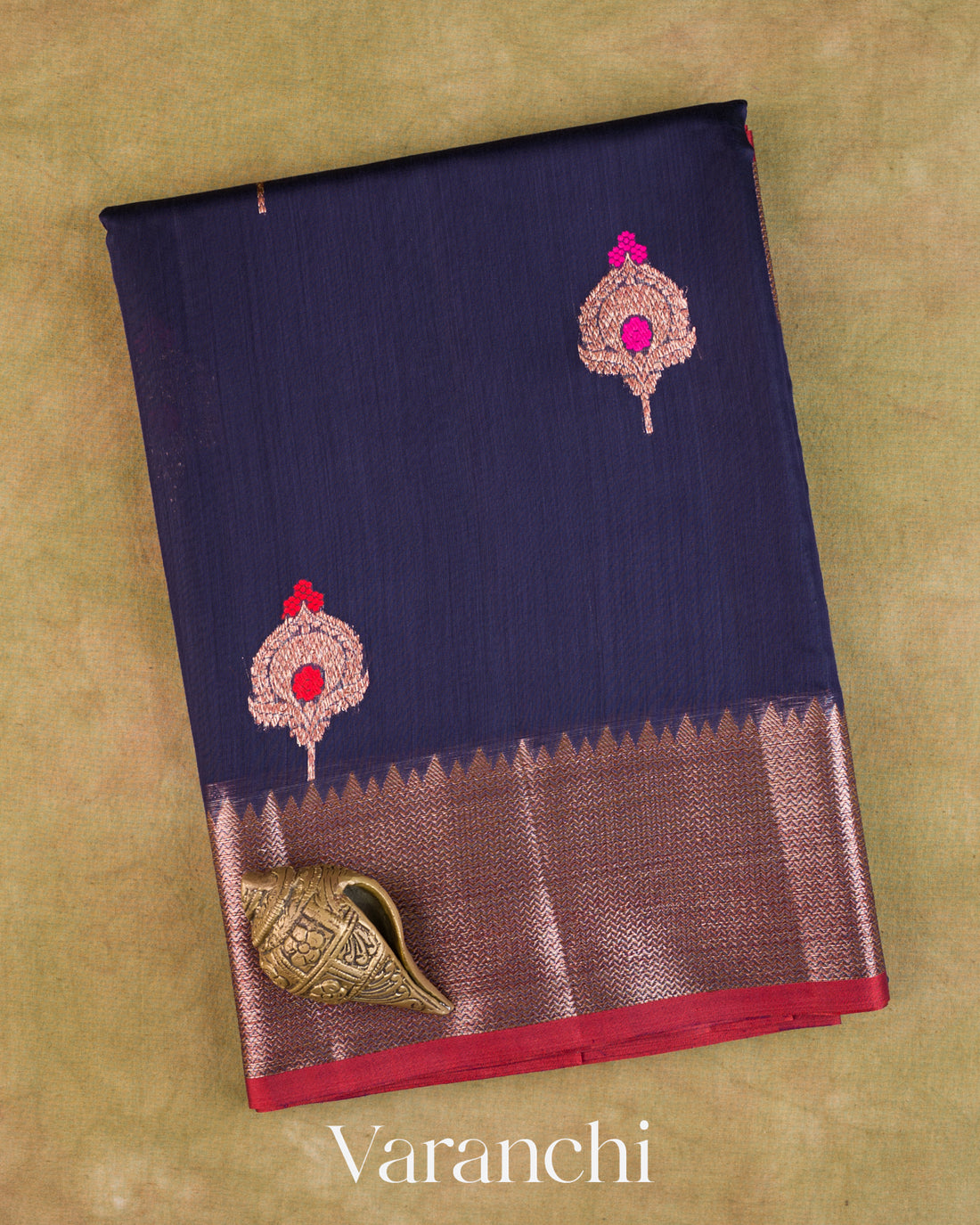 Navy Blue Pure Chanderi Silk Cotton Handloom Saree — Folded