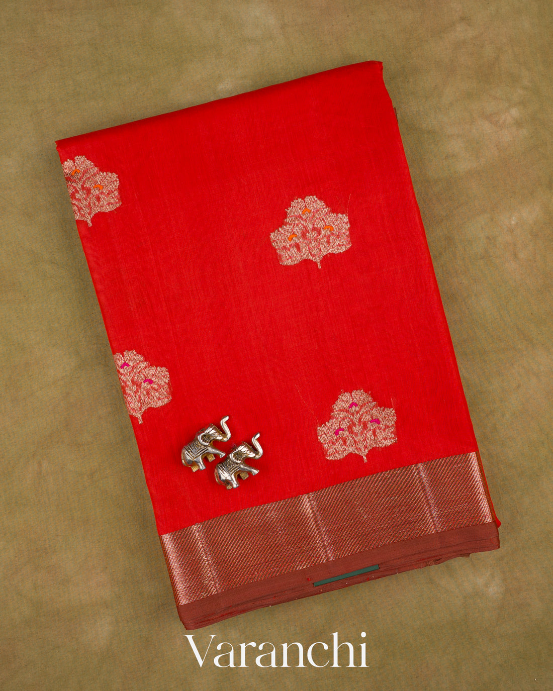 Bright Red Pure Chanderi Silk Cotton Handloom Saree — Folded
