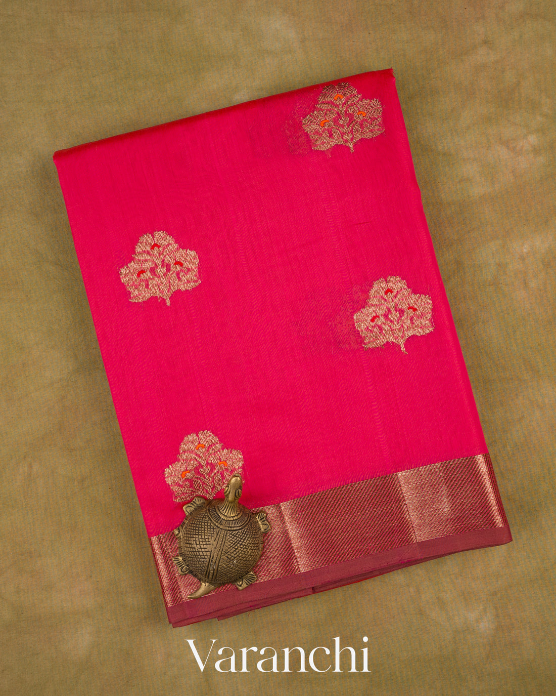 Rani Pink Pure Chanderi Silk Cotton Handloom Saree — Folded