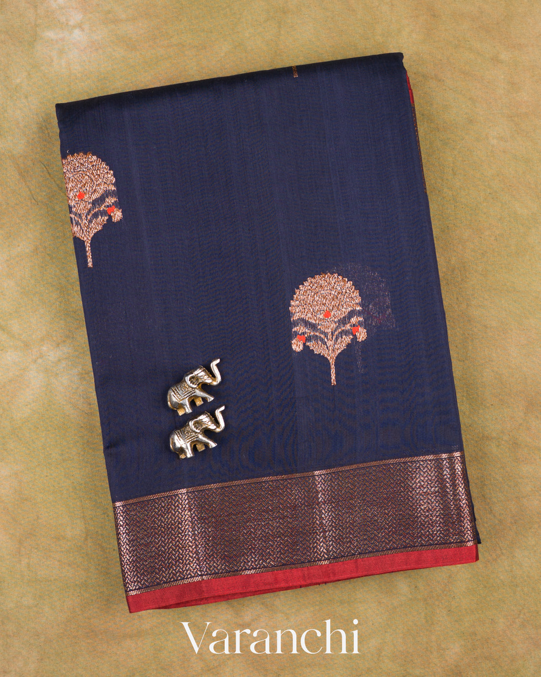 Navy Blue Pure Chanderi Silk Cotton Handloom Saree — Folded
