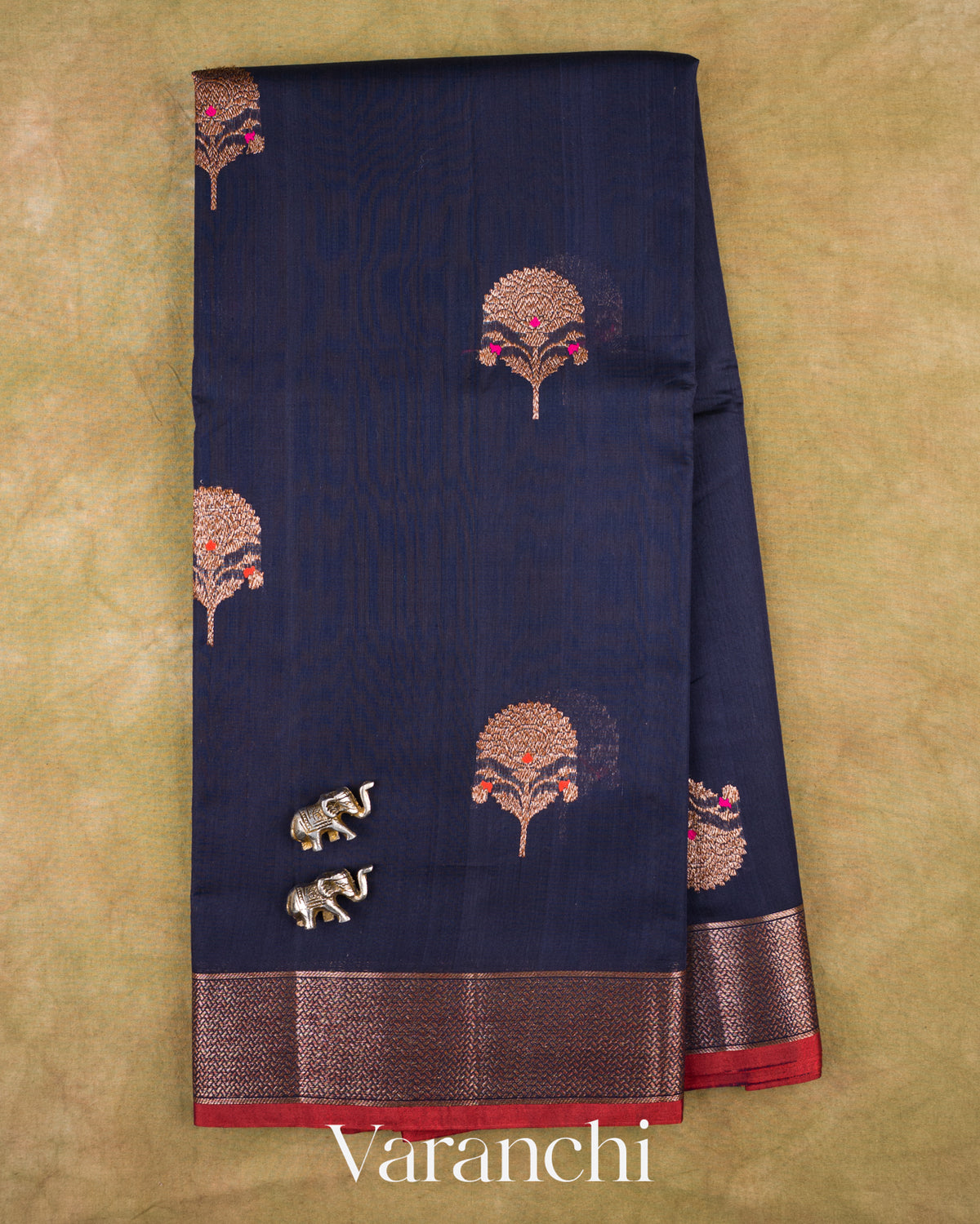 Navy Blue Pure Chanderi Silk Cotton Handloom Saree — Full Saree
