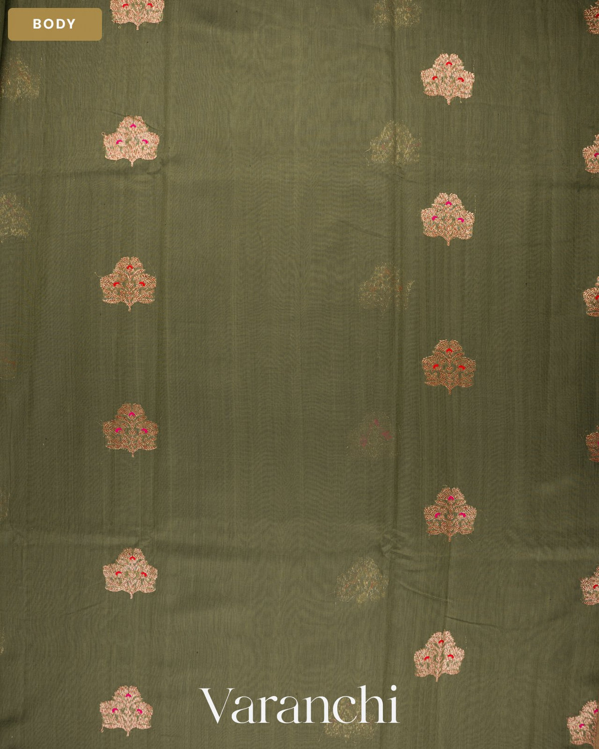 Deep Olive Green Pure Chanderi Silk Cotton Handloom Saree — Body
