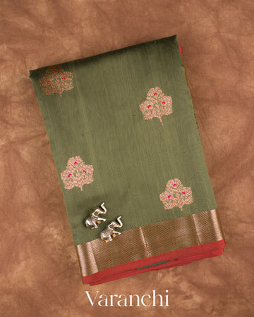 Deep Olive Green Pure Chanderi Silk Cotton Handloom Saree — Folded