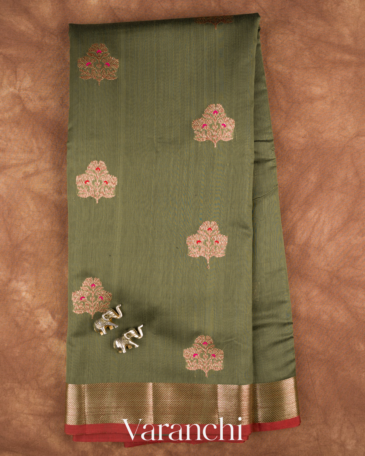 Deep Olive Green Pure Chanderi Silk Cotton Handloom Saree — Full Saree