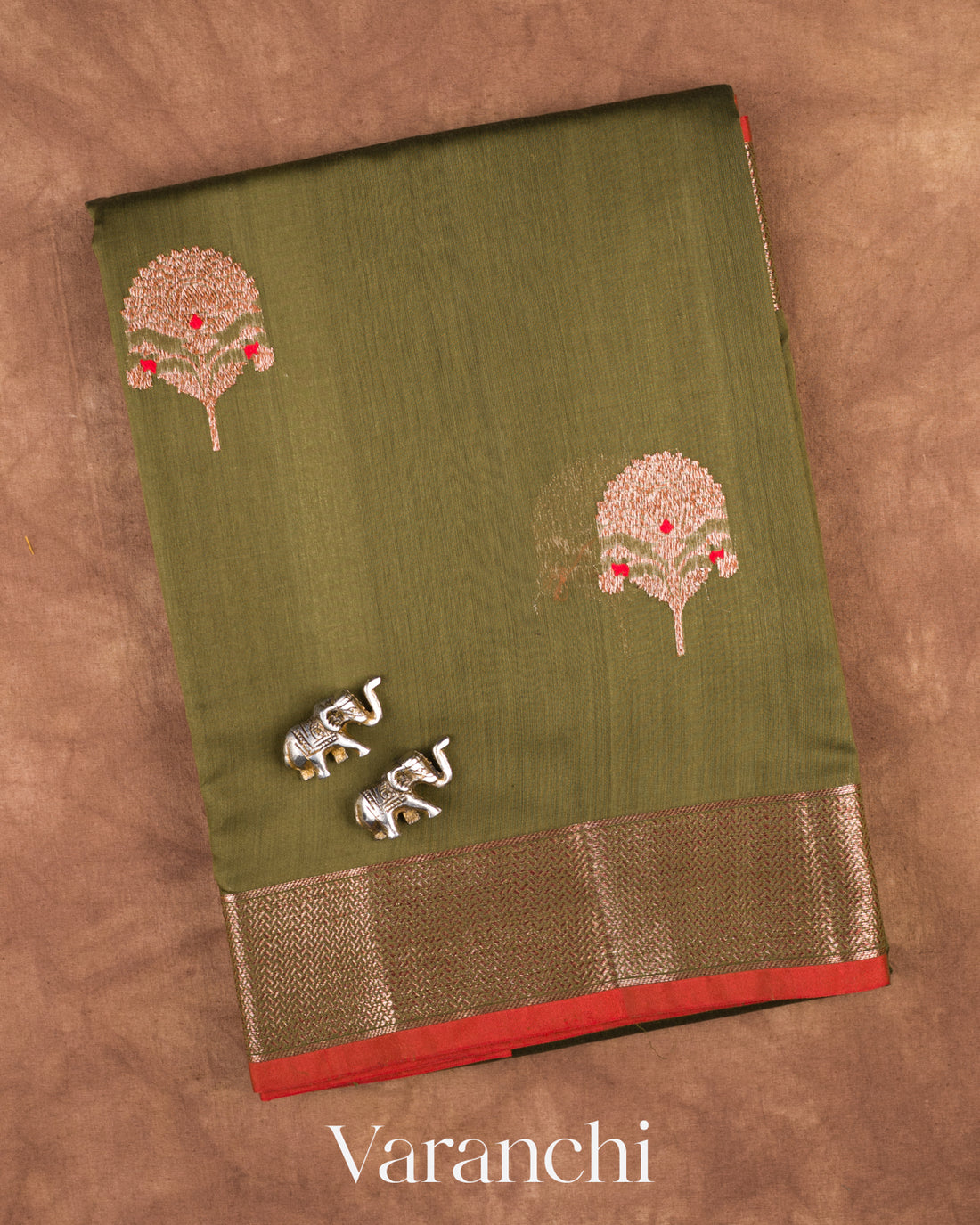 Olive Green Pure Chanderi Silk Cotton Handloom Saree — Folded
