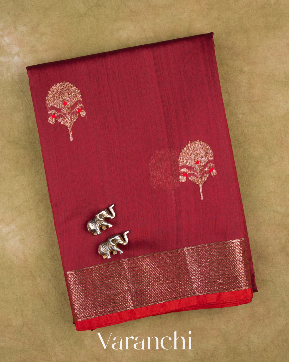Maroon Pure Chanderi Silk Cotton Handloom Saree — Folded