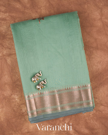Sage Green Pure Chanderi Silk Cotton Handloom Saree — Folded