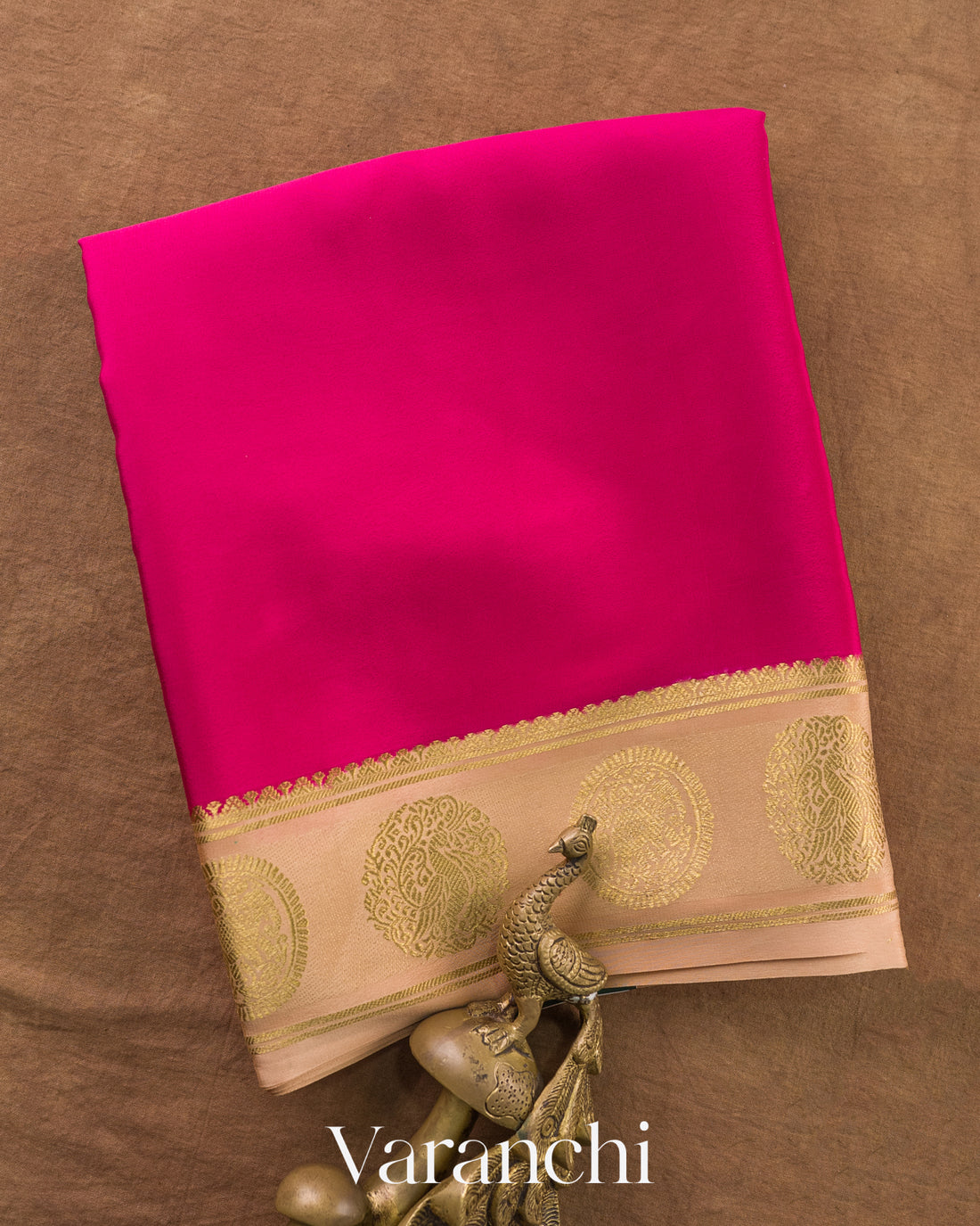 Rani Pink Pure Mysore Crepe Silk Saree — Folded