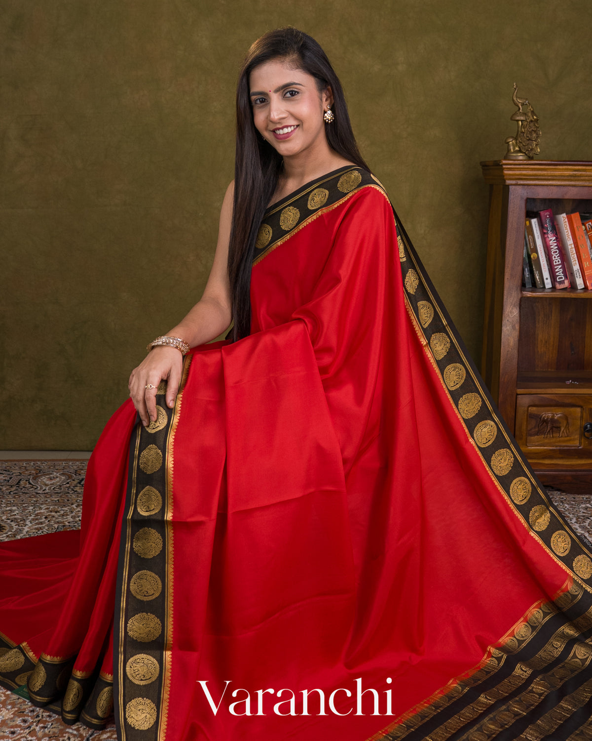 Vermilion Red Pure Mysore Crepe Silk Saree — Draped