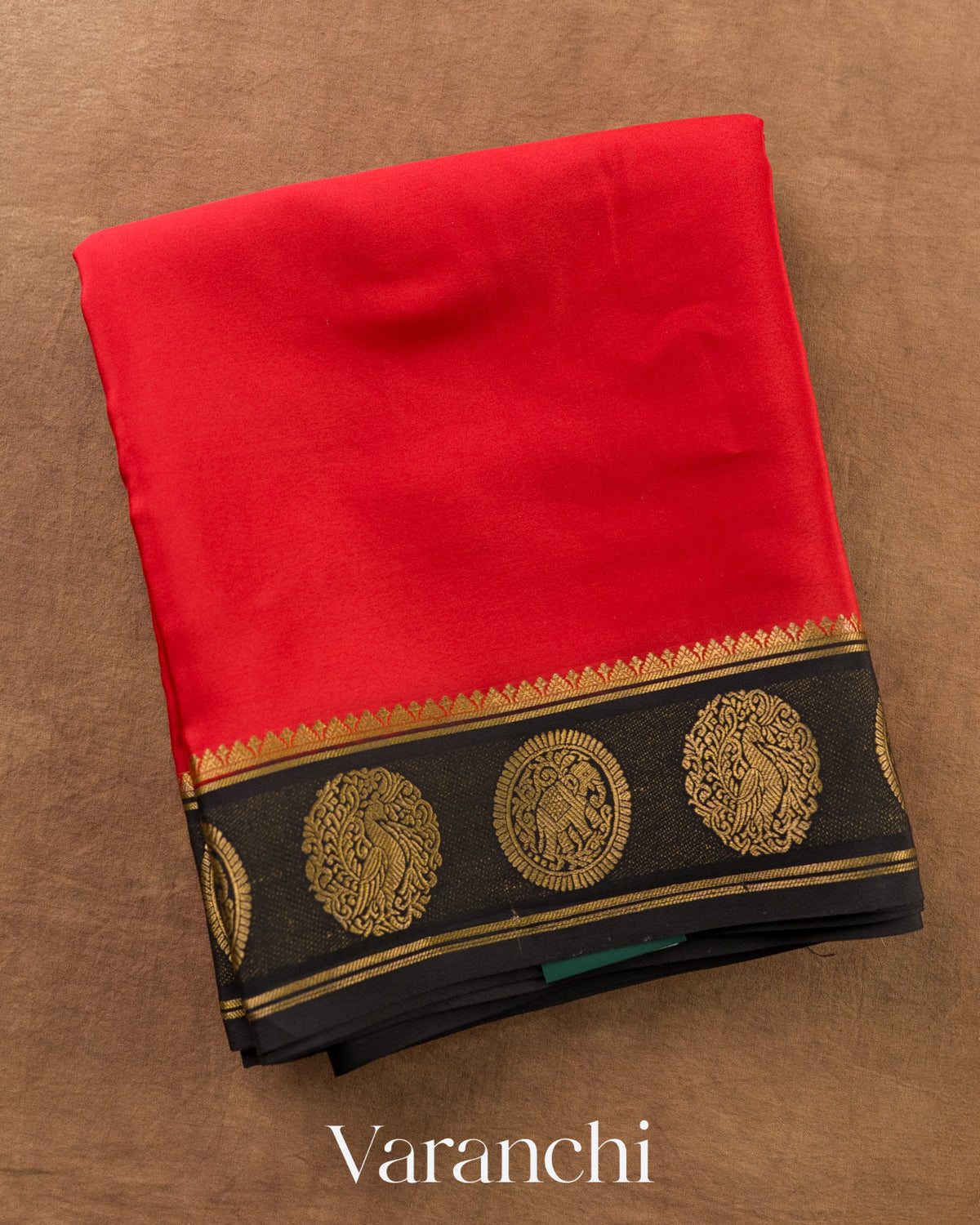 Vermilion Red Pure Mysore Crepe Silk Saree — Folded