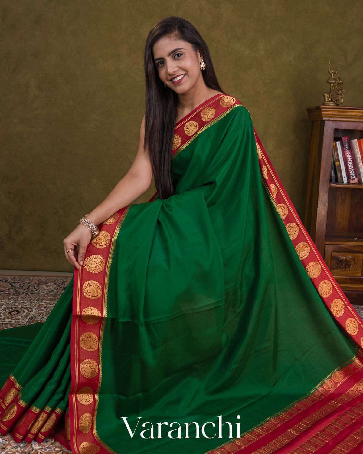 Bottle Green Pure Mysore Crepe Silk Saree — Draped