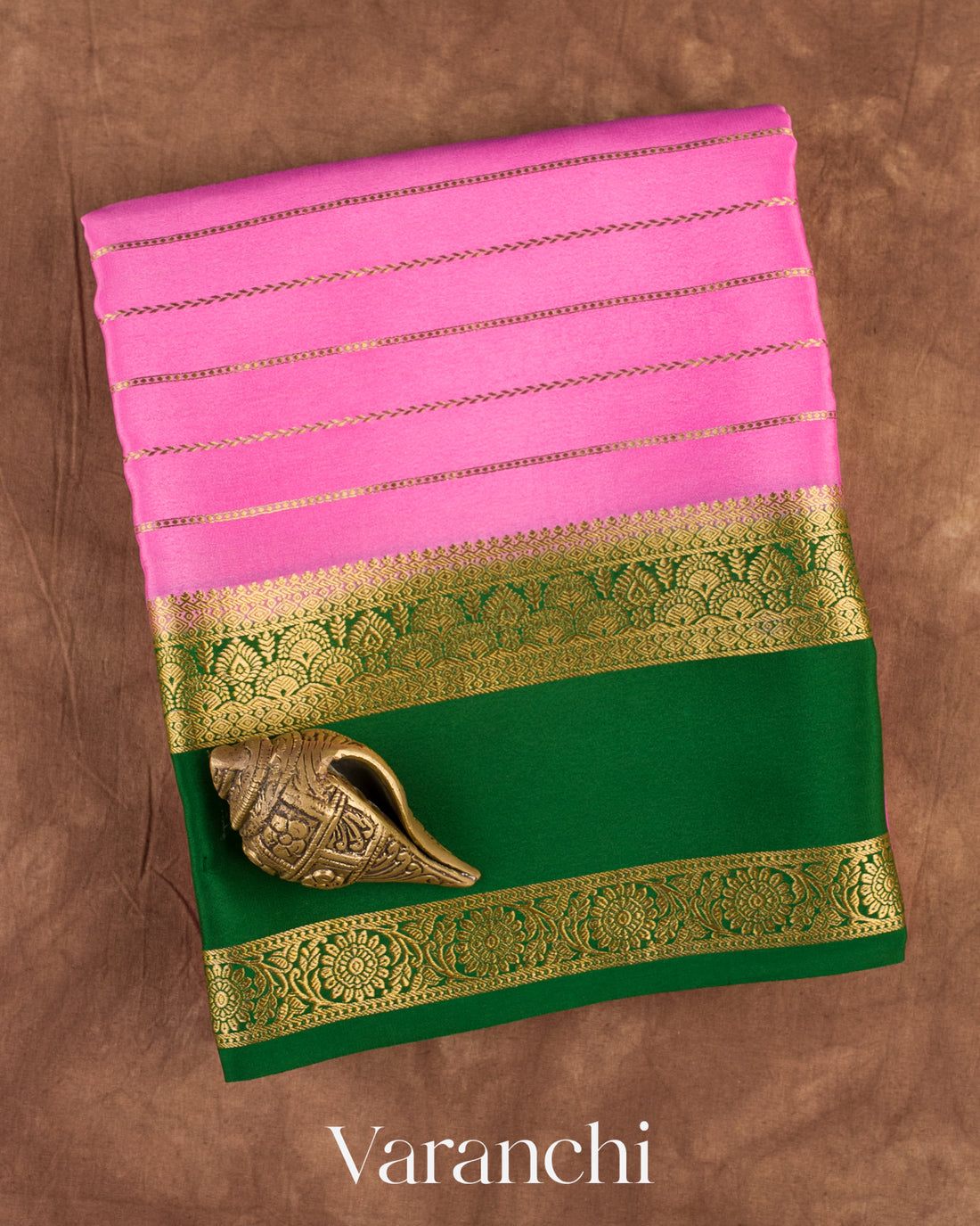 Rose Pink Striped Pure Mysore Crepe Silk Saree — Folded