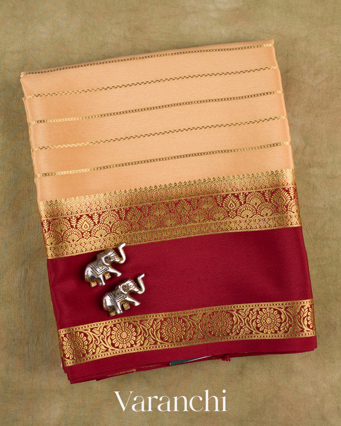 Beige Striped Pure Mysore Crepe Silk Saree — Folded