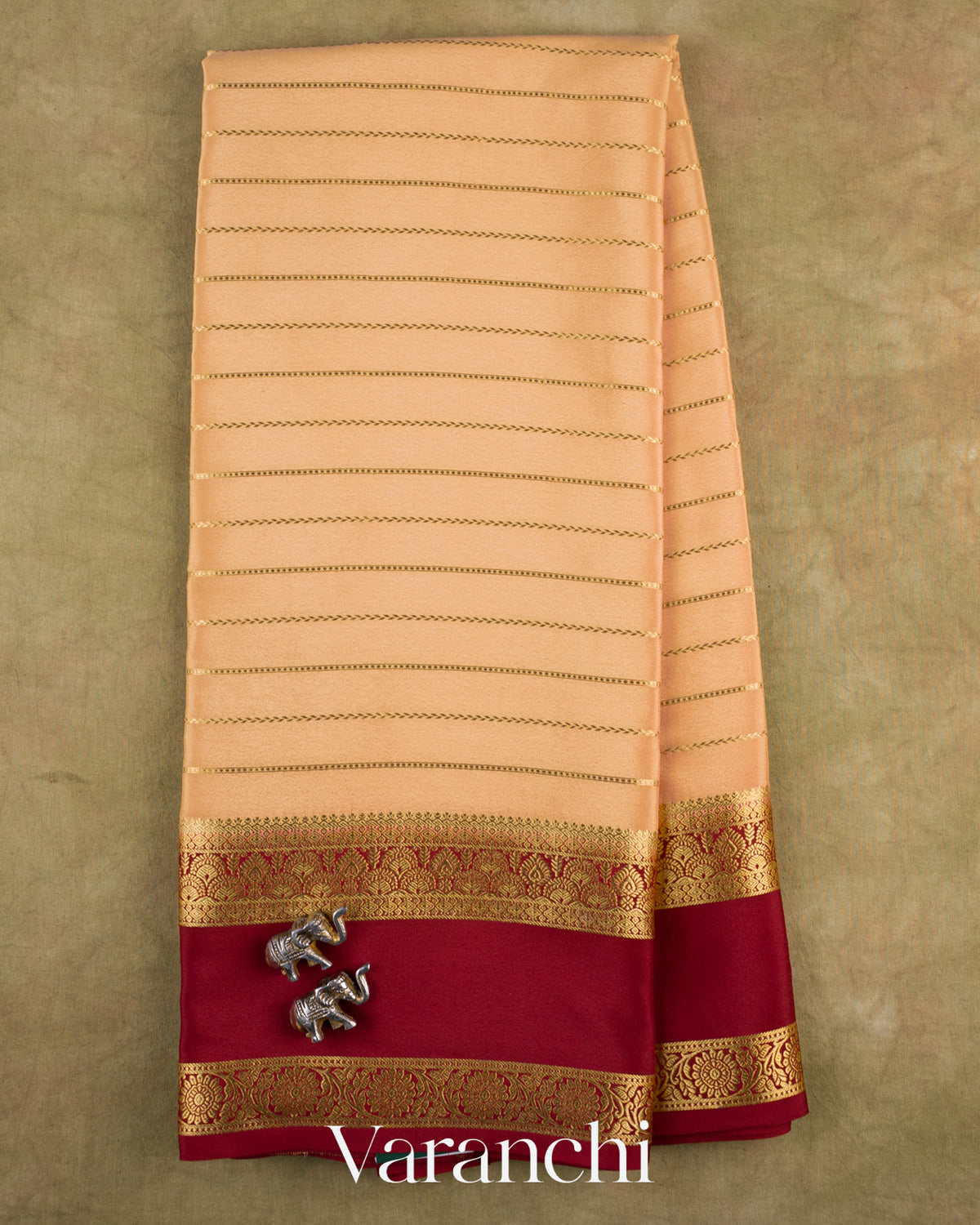 Beige Striped Pure Mysore Crepe Silk Saree — Full Saree