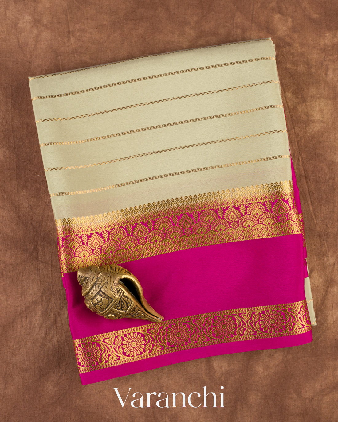 Muted Beige Striped Pure Mysore Crepe Silk Saree — Folded