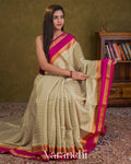 Muted Beige Striped Pure Mysore Crepe Silk Saree — Draped