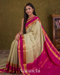 Muted Beige Striped Pure Mysore Crepe Silk Saree — Draped