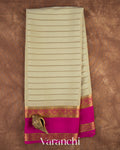Muted Beige Striped Pure Mysore Crepe Silk Saree — Full Saree