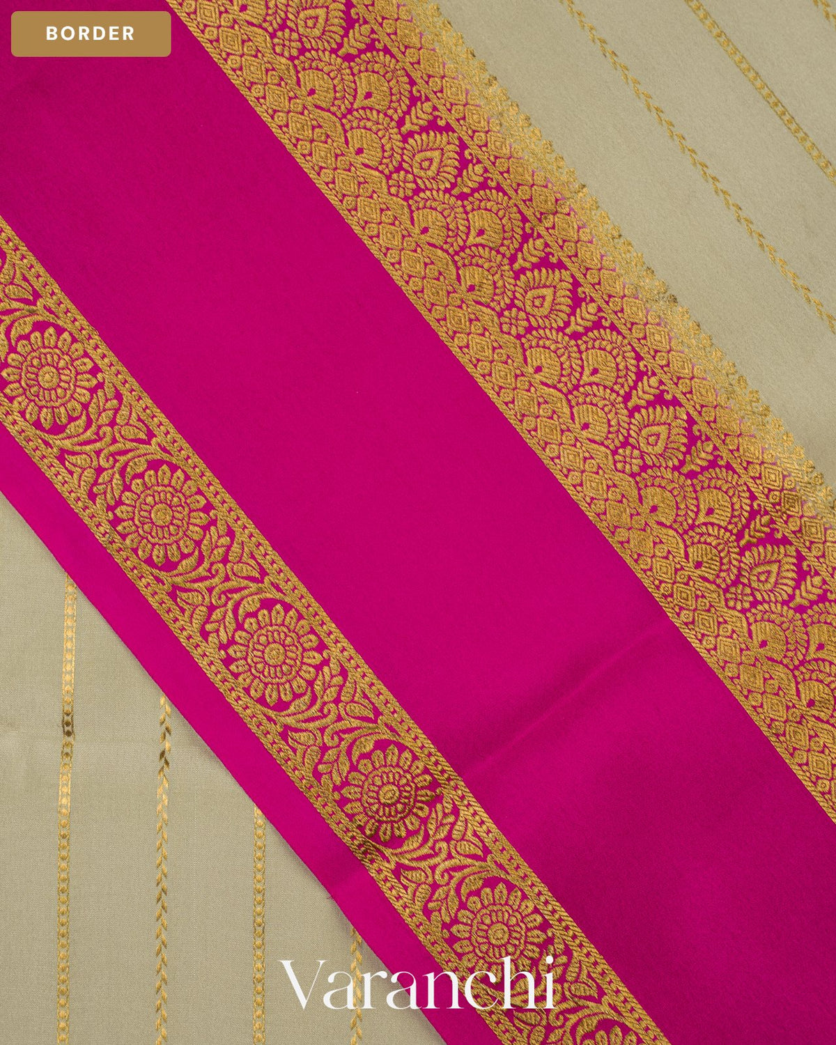 Muted Beige Striped Pure Mysore Crepe Silk Saree — Border