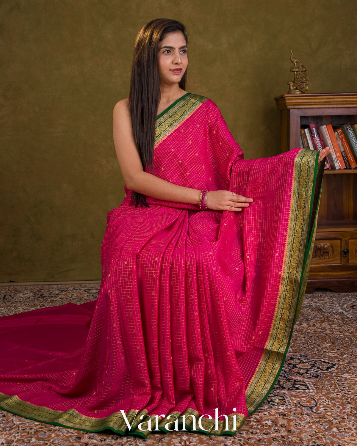 Deep Magenta Checkered Pure Mysore Crepe Silk Saree — Draped