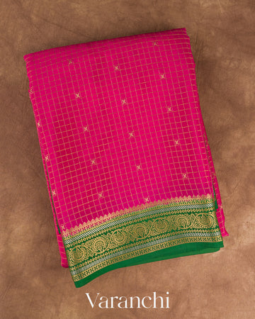 Deep Magenta Checkered Pure Mysore Crepe Silk Saree — Folded