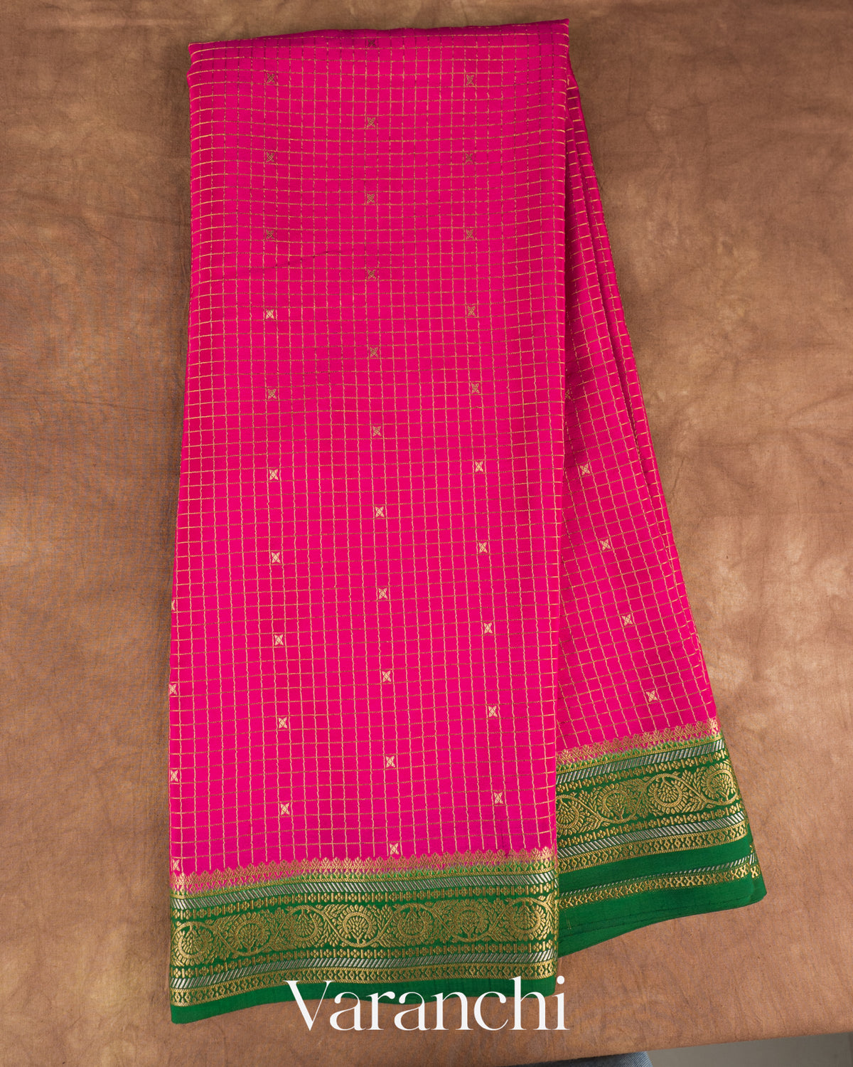 Deep Magenta Checkered Pure Mysore Crepe Silk Saree — Full Saree