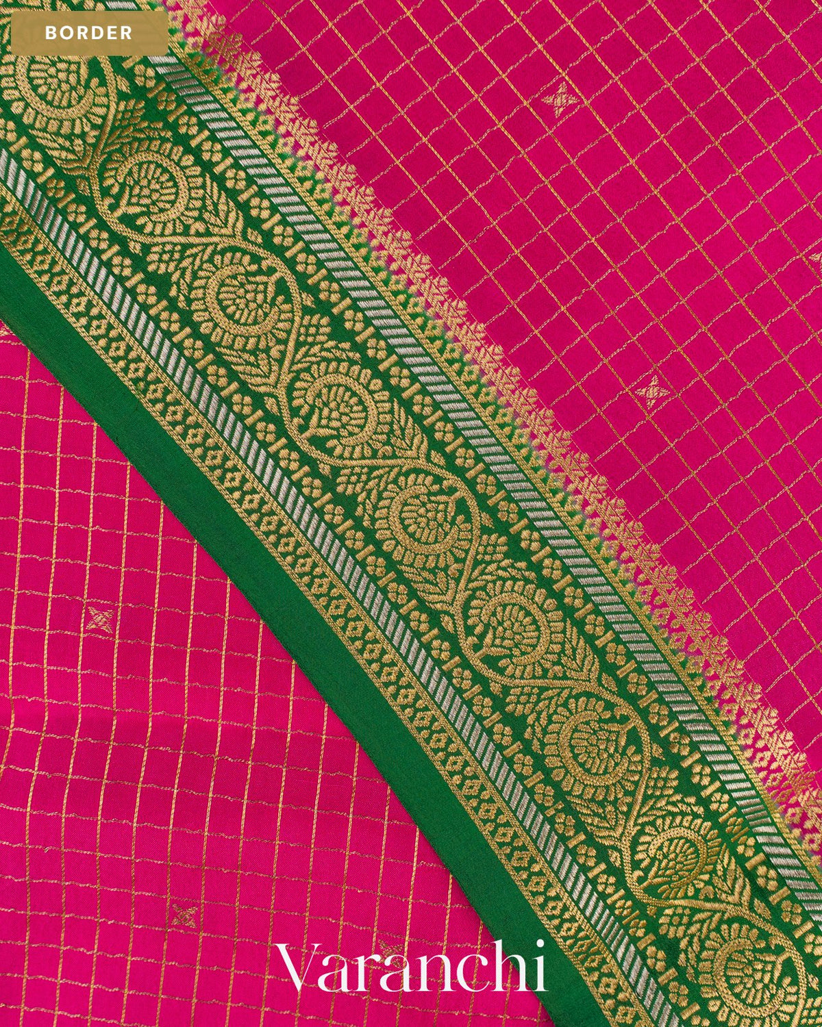 Deep Magenta Checkered Pure Mysore Crepe Silk Saree — Border