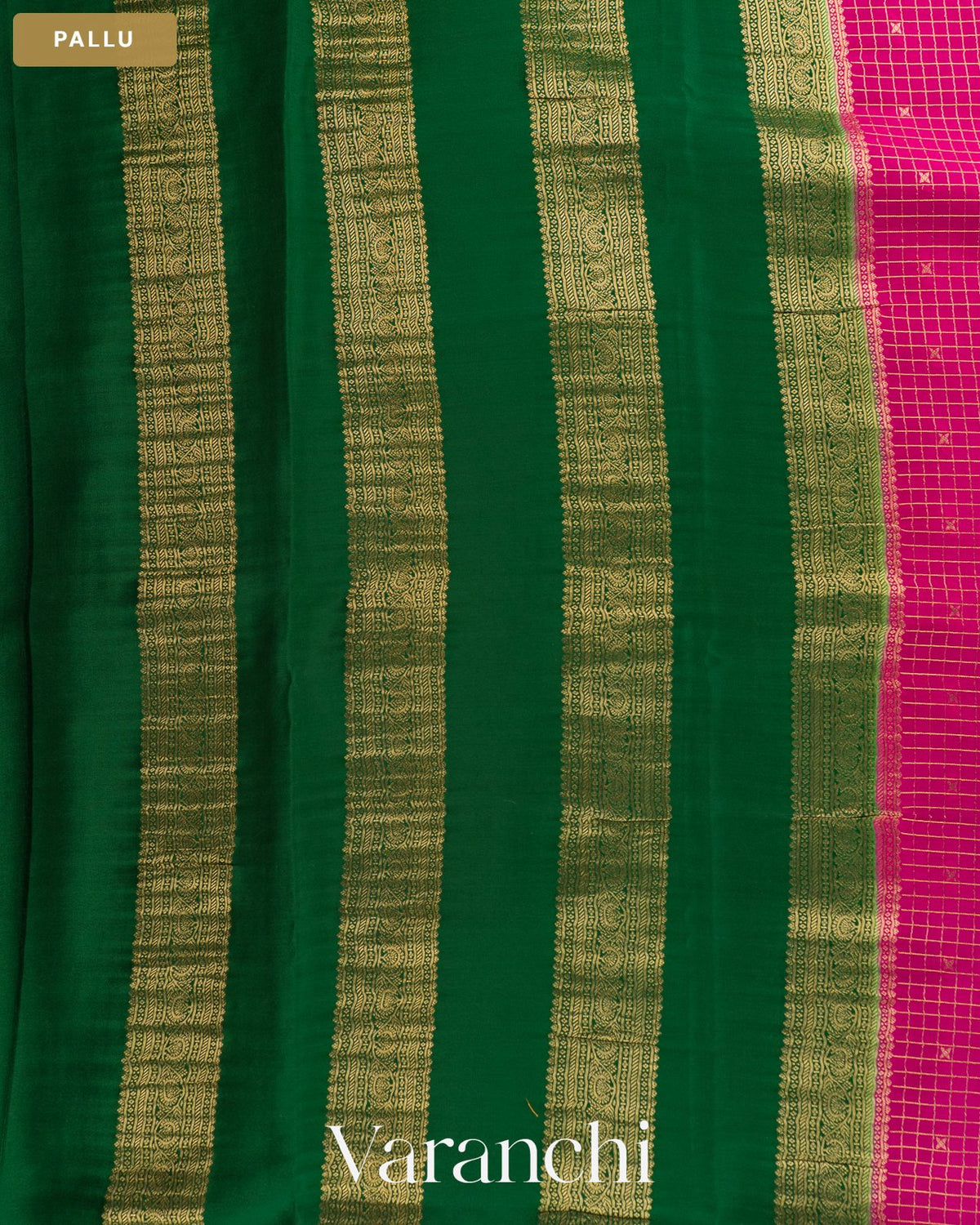 Deep Magenta Checkered Pure Mysore Crepe Silk Saree — Pallu