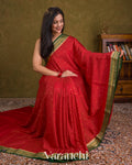 Tulip Red Checkered Pure Mysore Crepe Silk Saree — Draped