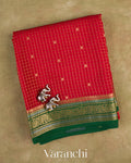 Tulip Red Checkered Pure Mysore Crepe Silk Saree — Folded