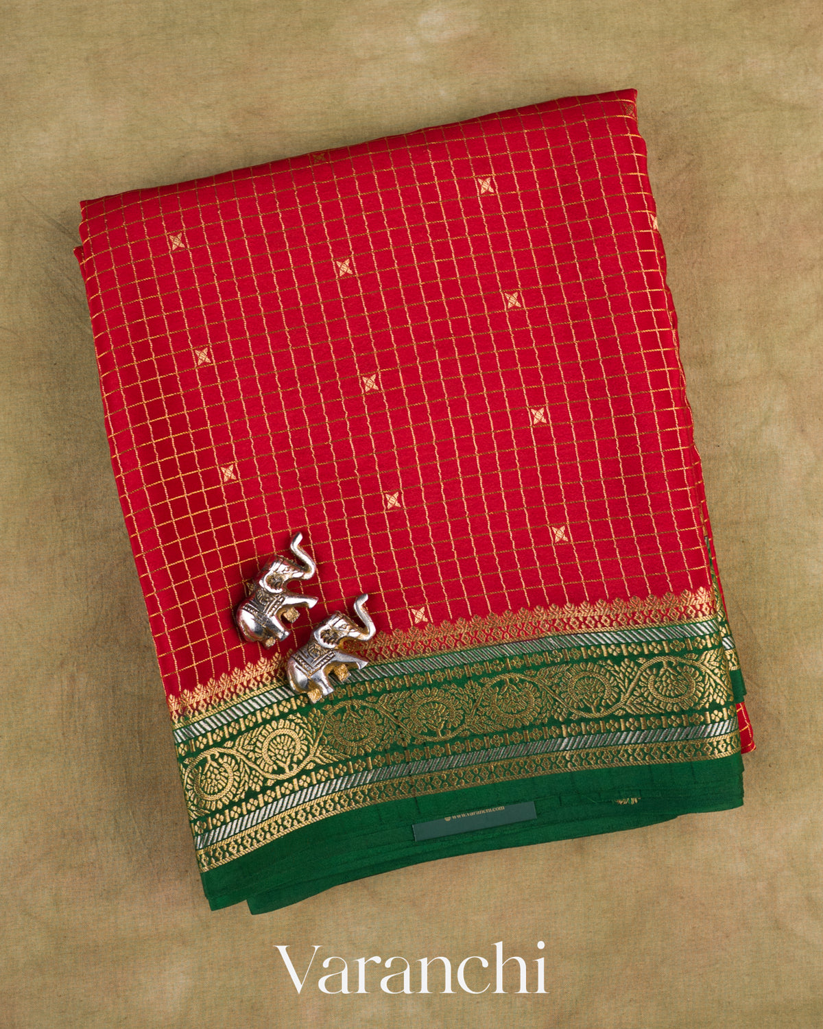 Tulip Red Checkered Pure Mysore Crepe Silk Saree — Folded