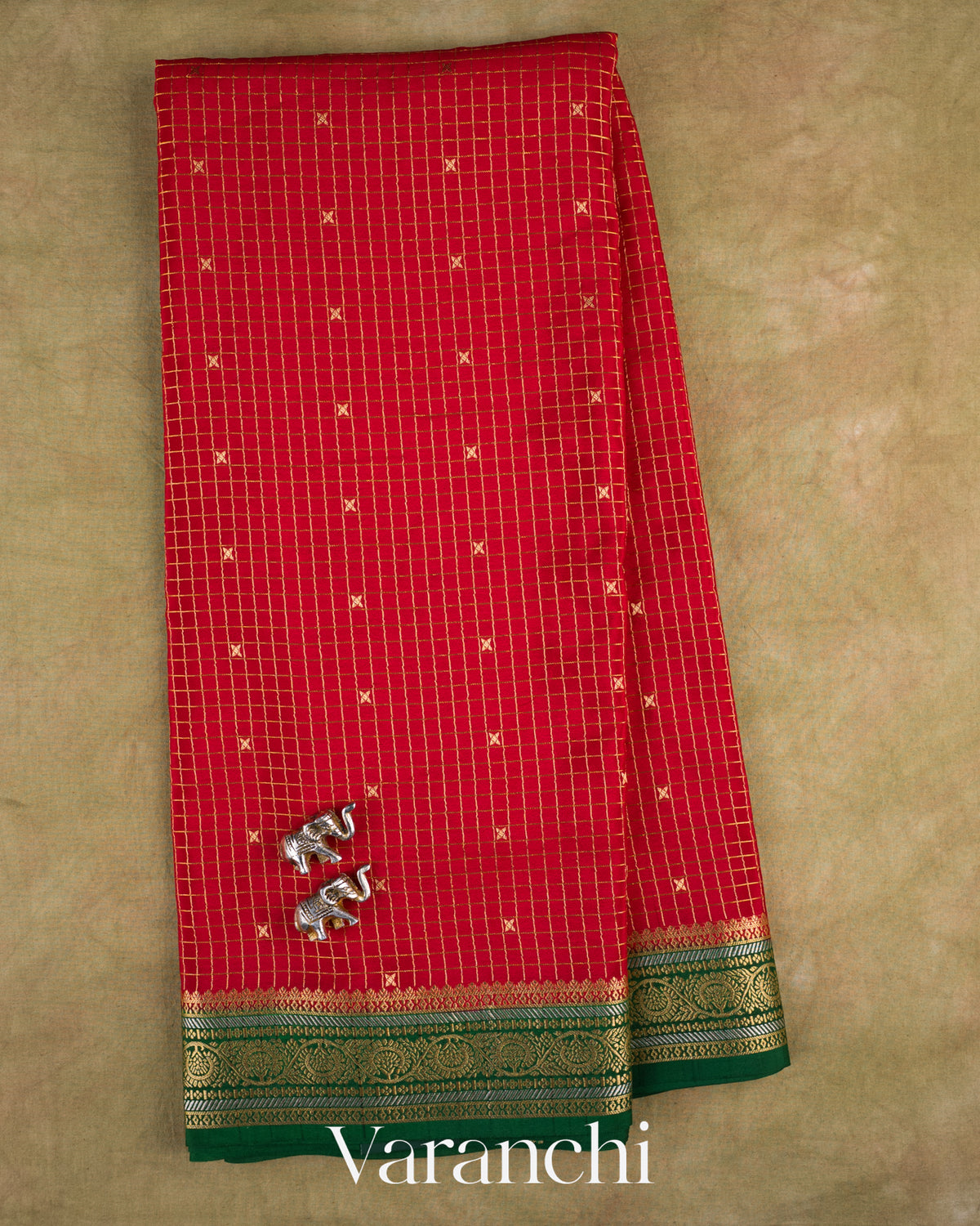 Tulip Red Checkered Pure Mysore Crepe Silk Saree — Full Saree