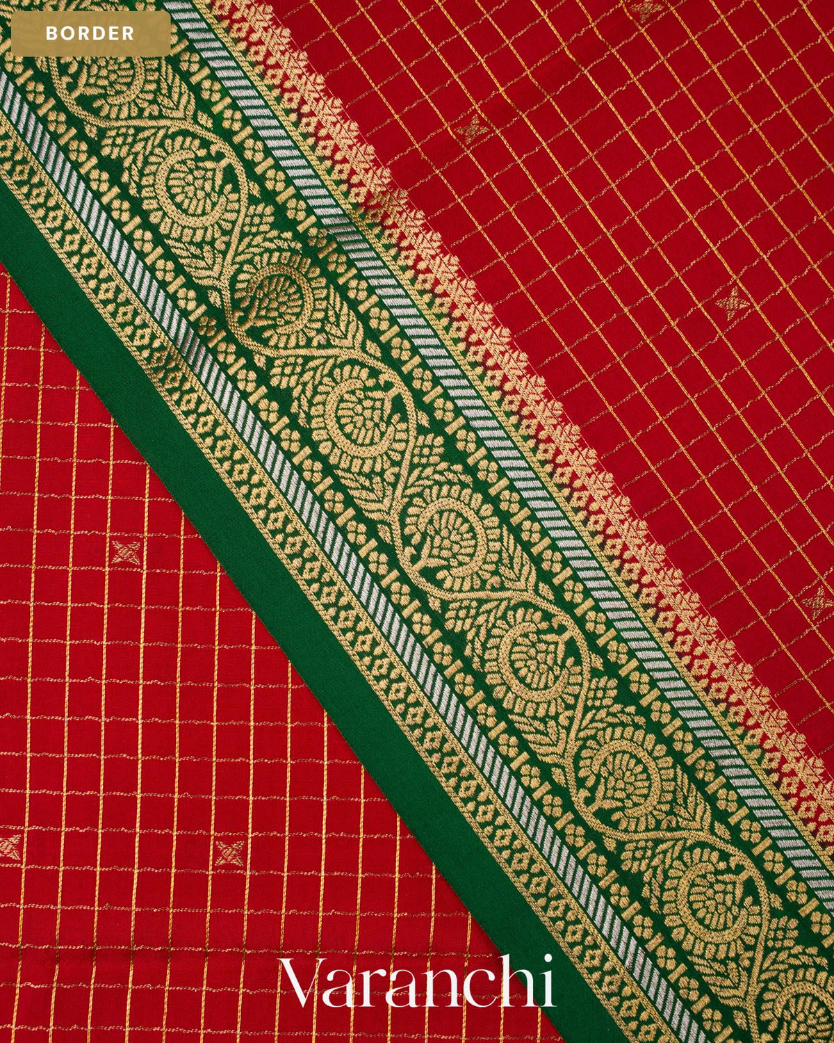 Tulip Red Checkered Pure Mysore Crepe Silk Saree — Border