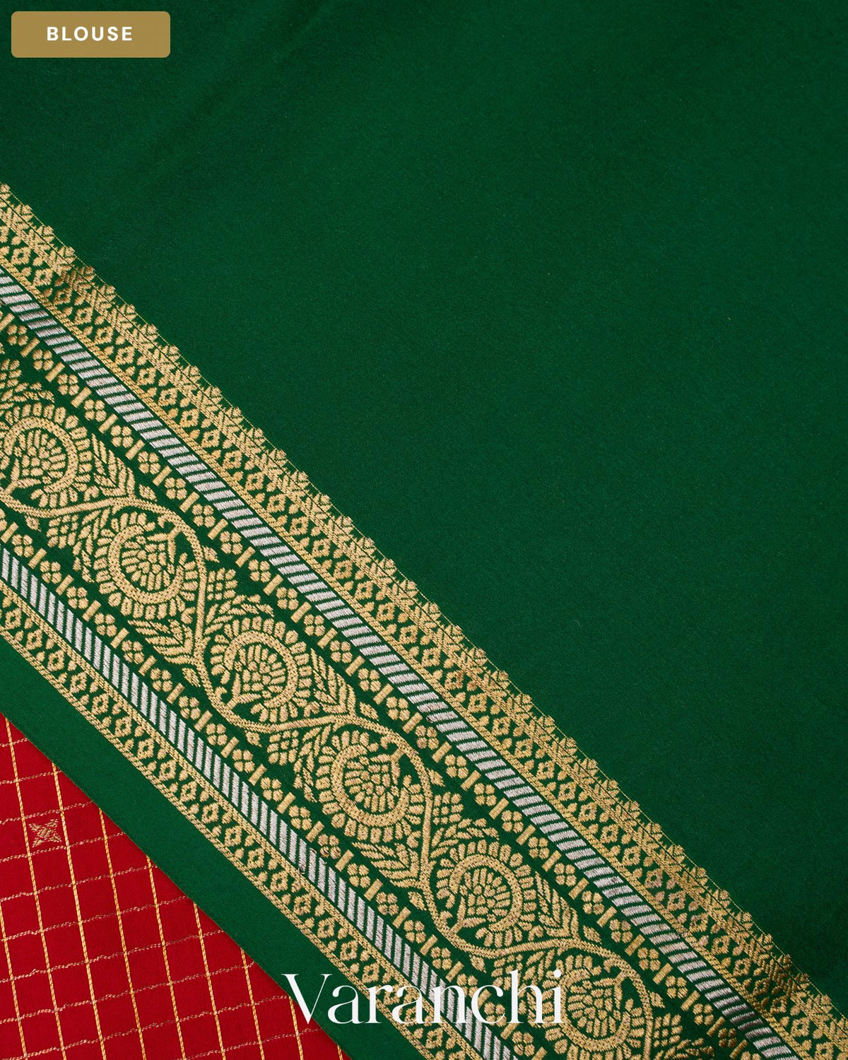 Tulip Red Checkered Pure Mysore Crepe Silk Saree — Blouse