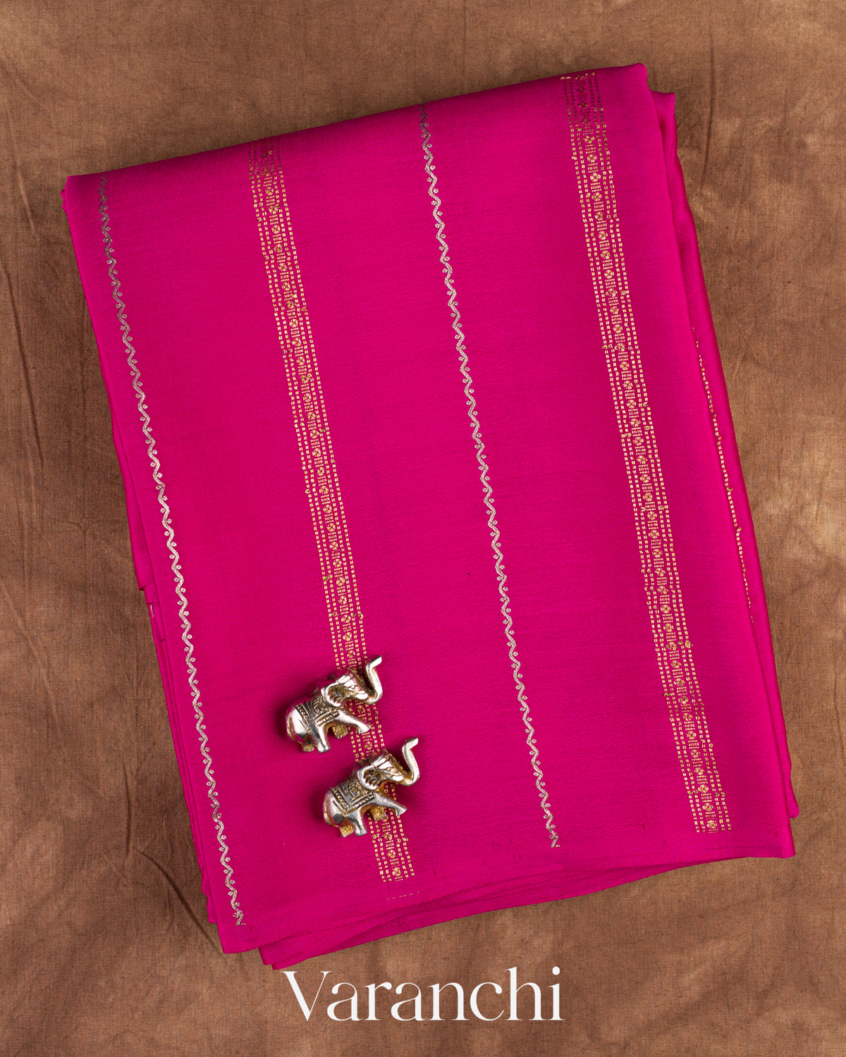 Rani Pink Striped Pure Mysore Crepe Silk Saree — Folded