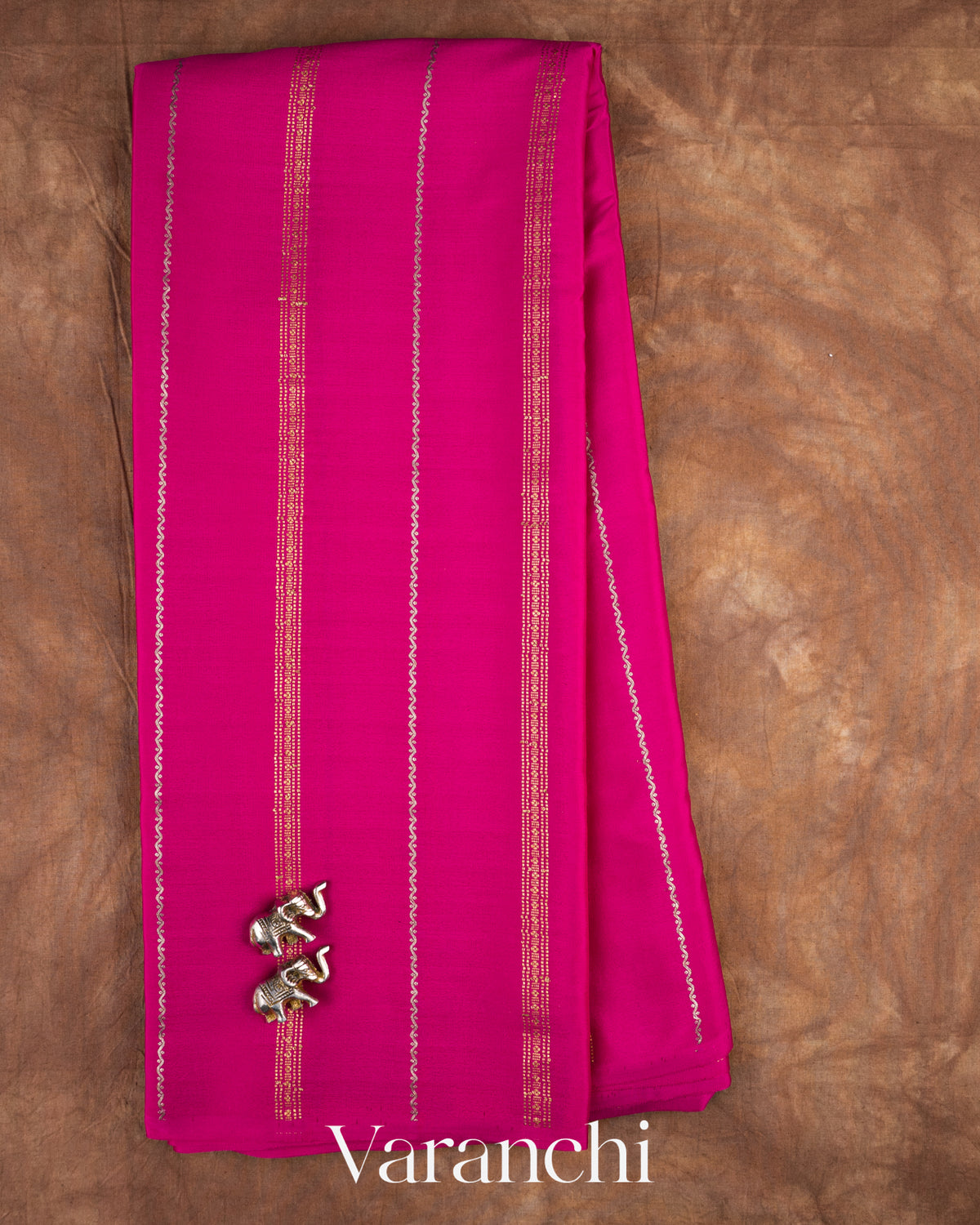 Rani Pink Striped Pure Mysore Crepe Silk Saree — Full Saree