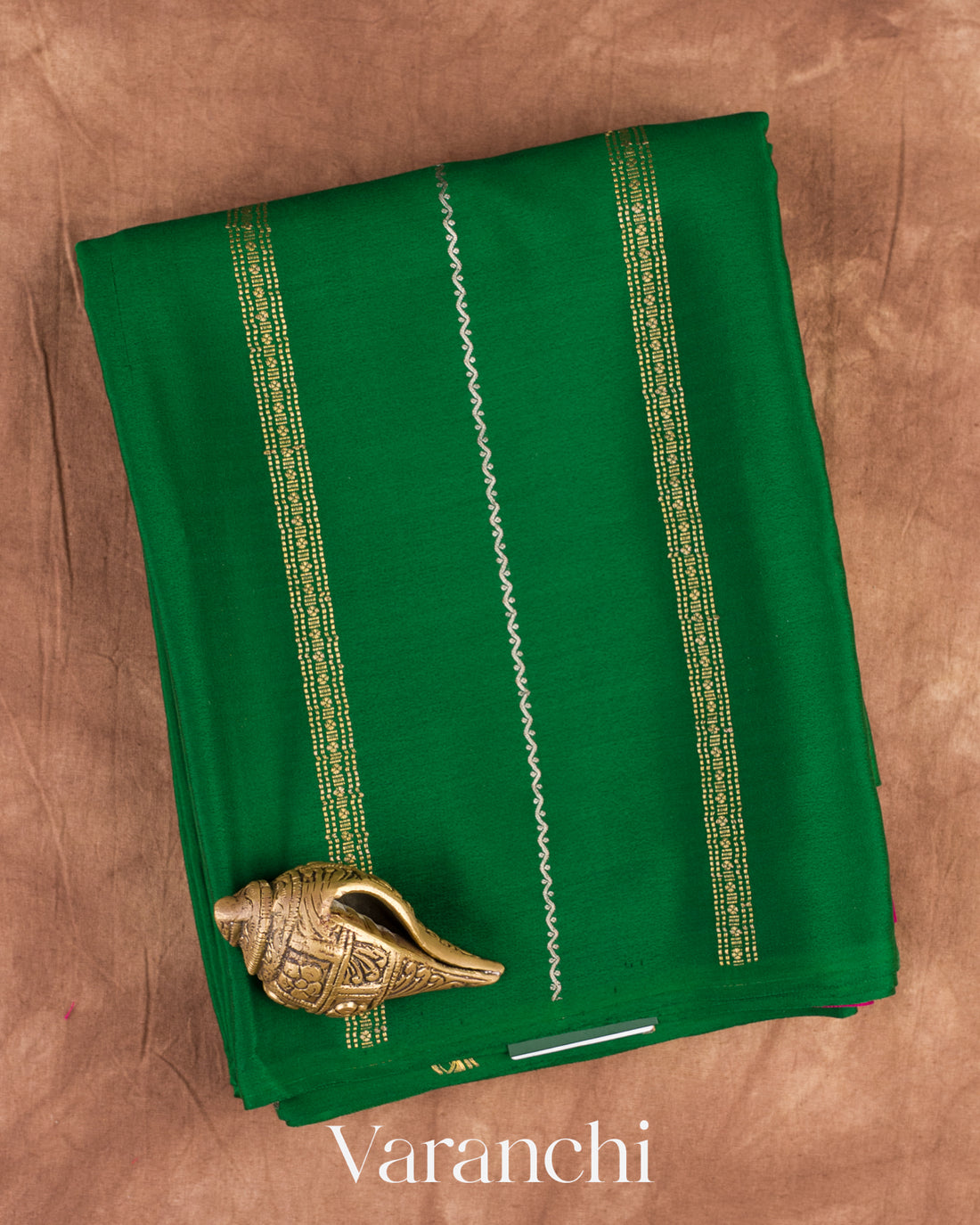 Bottle Green Striped Pure Mysore Crepe Silk Saree — Folded