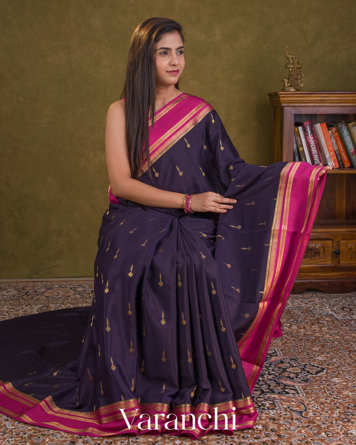 Navy Blue Pure Mysore Crepe Silk Saree — Draped