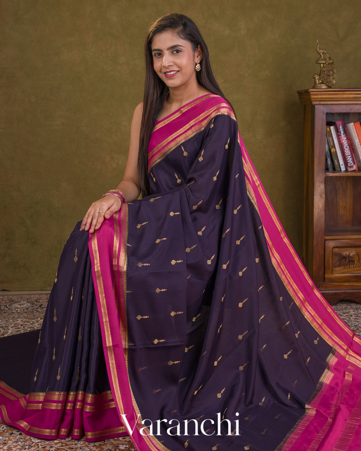 Navy Blue Pure Mysore Crepe Silk Saree — Draped