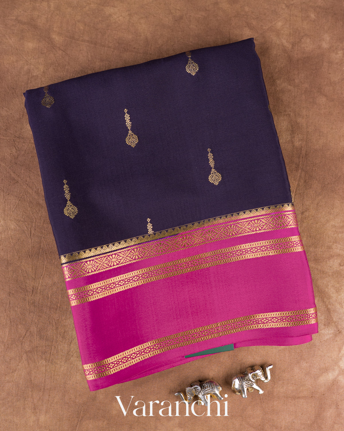 Navy Blue Pure Mysore Crepe Silk Saree — Folded