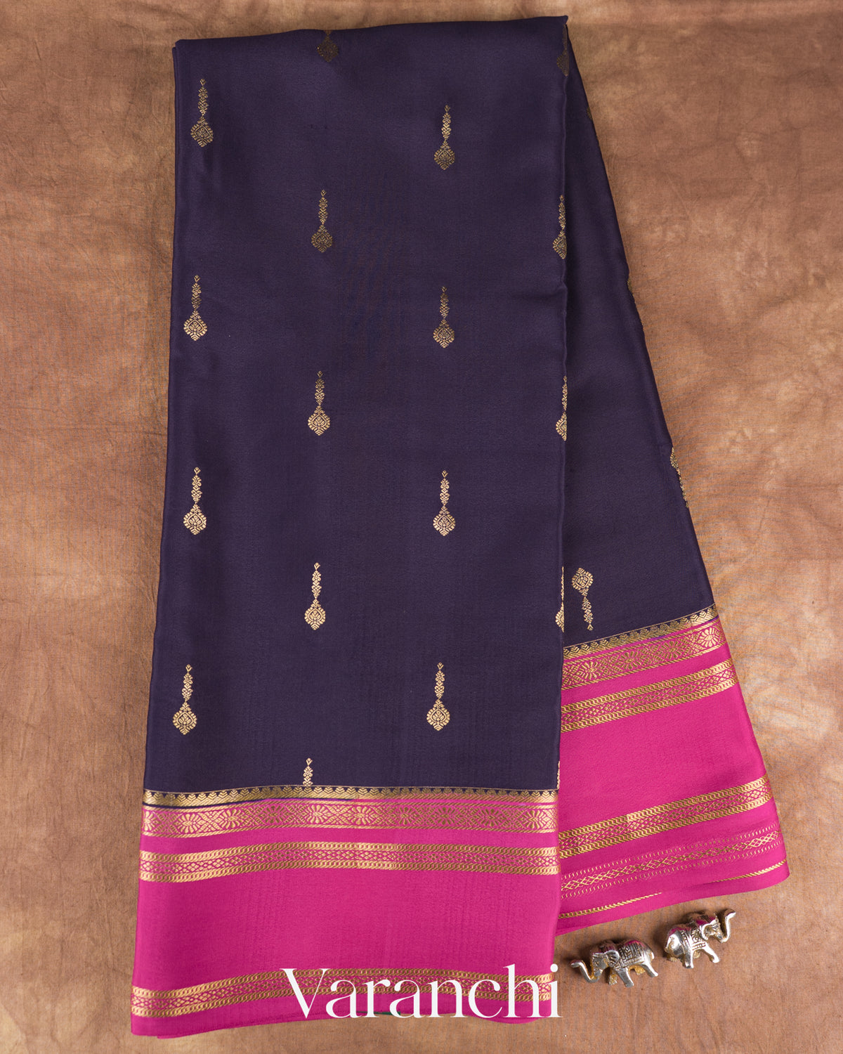 Navy Blue Pure Mysore Crepe Silk Saree — Full Saree