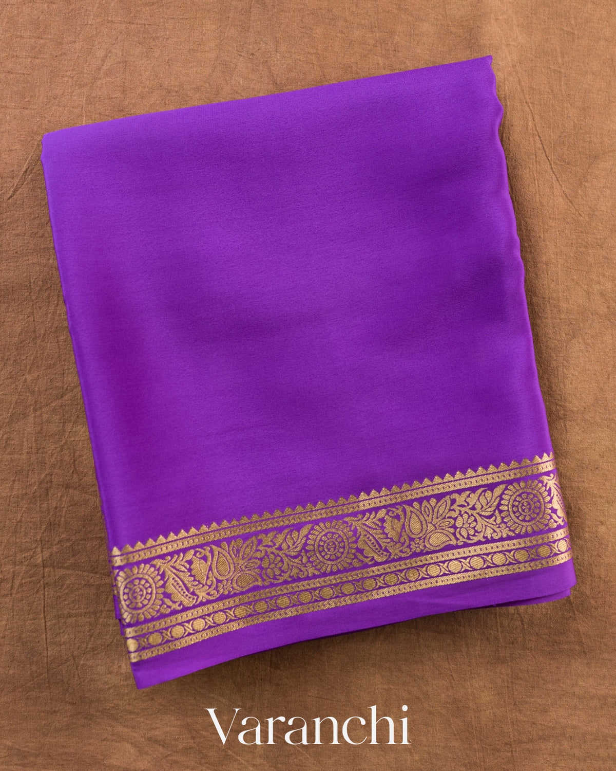 Violet Purple Pure Mysore Crepe Silk Saree — Folded
