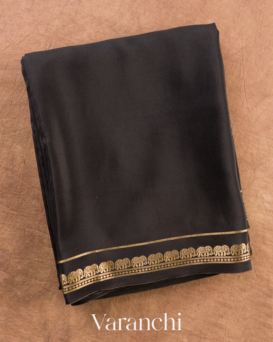 Jet Black Pure Mysore Crepe Silk Saree — Folded