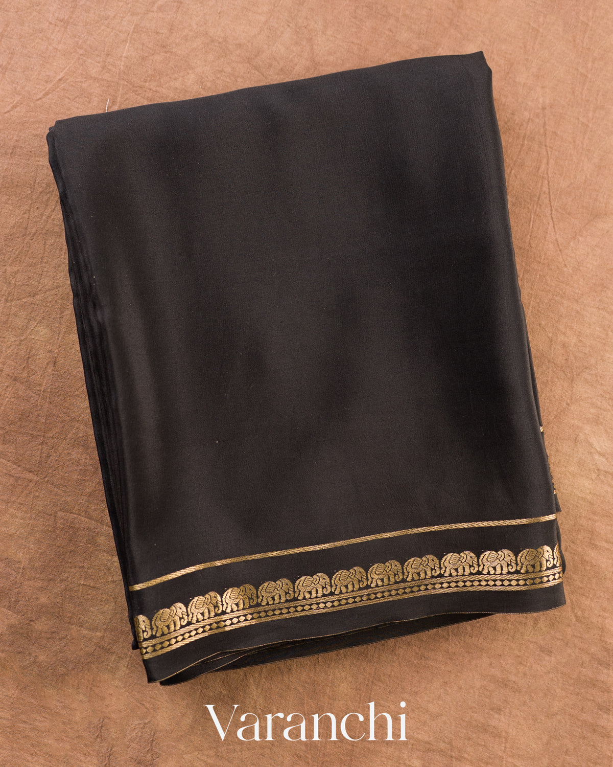 Jet Black Pure Mysore Crepe Silk Saree — Folded