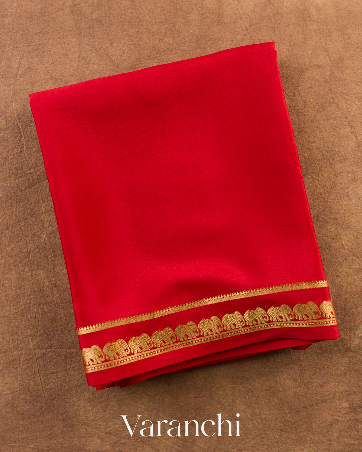 Crimson Red Pure Mysore Crepe Silk Saree — Folded