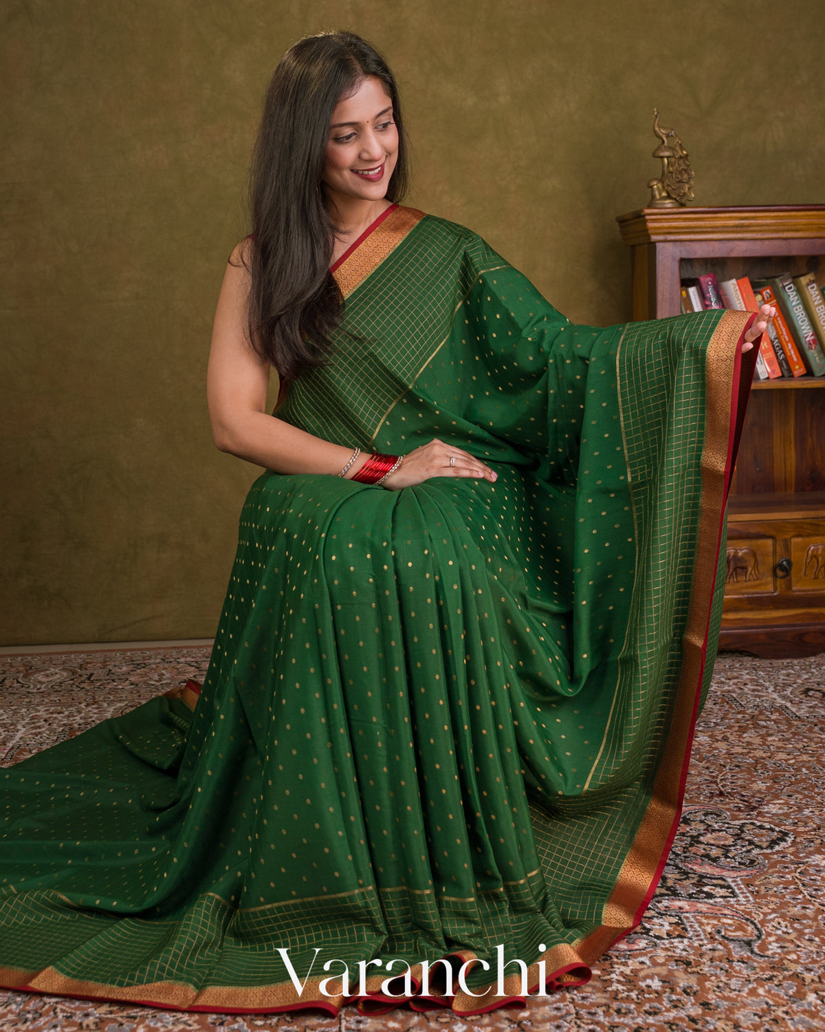Bottle Green Pure Mysore Crepe Silk Saree — Draped