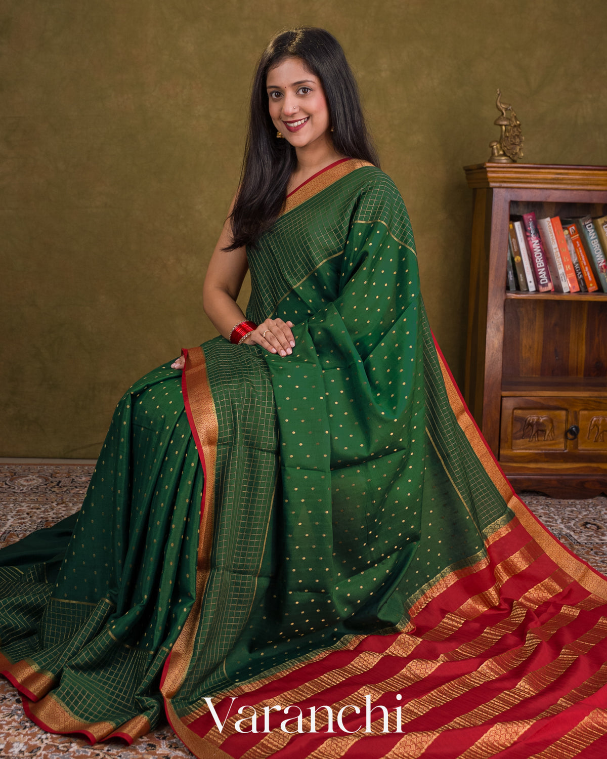 Bottle Green Pure Mysore Crepe Silk Saree — Draped