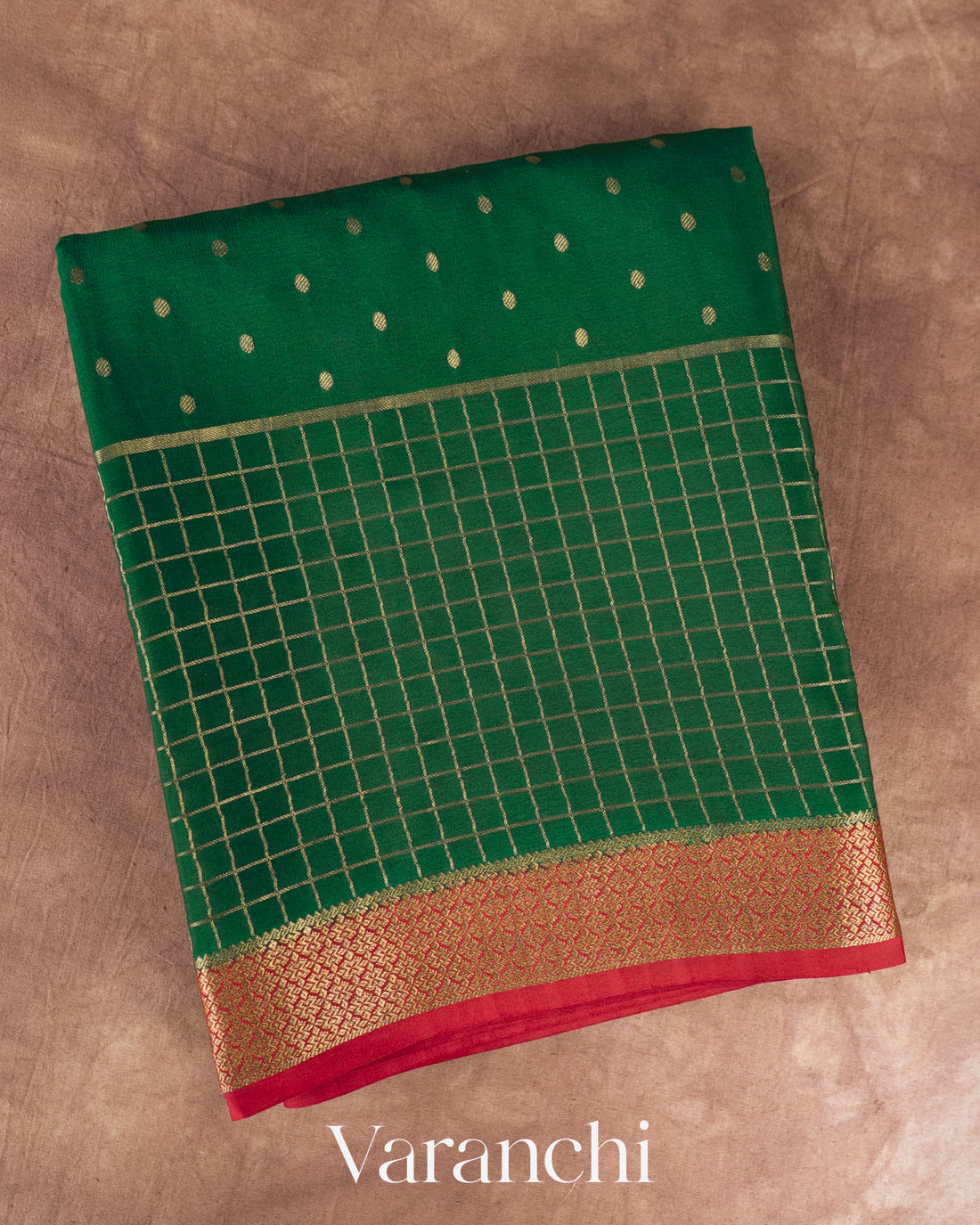 Bottle Green Pure Mysore Crepe Silk Saree — Folded